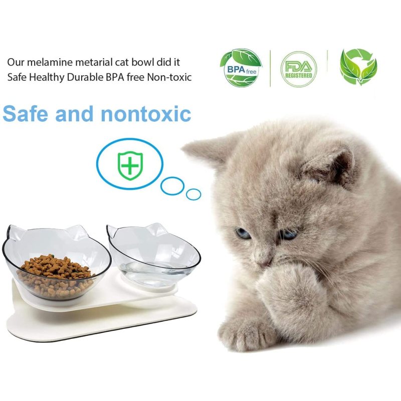 Double Cat Bowl Tilted Platform Cat Feeders Food and Water Bowls,Reduce Neck Pain for Cats and Small Dogs