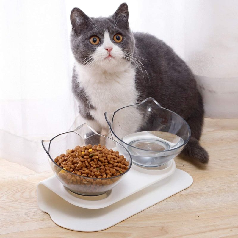 Double Cat Bowl Tilted Platform Cat Feeders Food and Water Bowls,Reduce Neck Pain for Cats and Small Dogs
