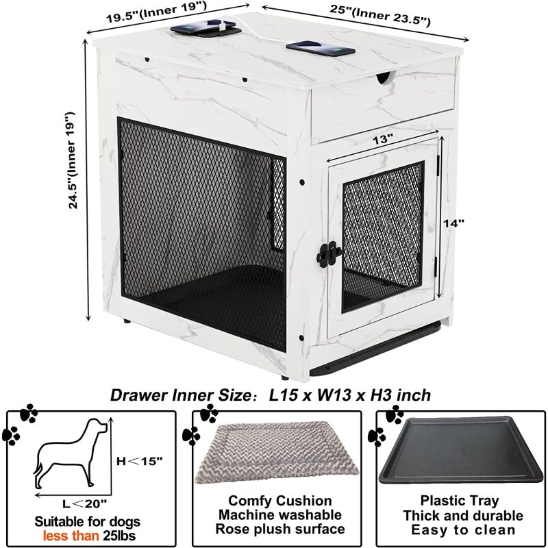 Dog Crate with Storage Drawer&Pad&Tray, Support Wired/Wireless Charging, Furniture Small Kennel Indoor