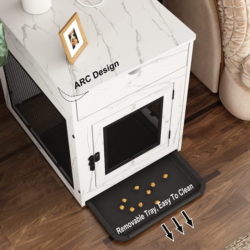 Dog Crate with Storage Drawer&Pad&Tray, Support Wired/Wireless Charging, Furniture Small Kennel Indoor