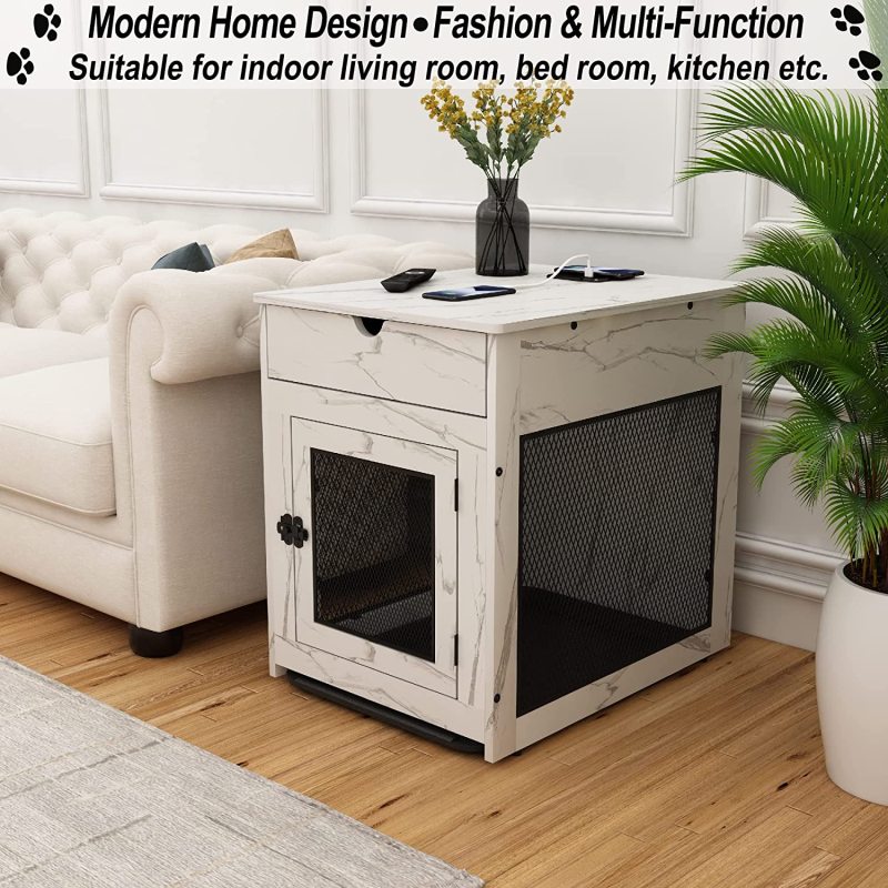 Dog Crate with Storage Drawer&Pad&Tray, Support Wired/Wireless Charging, Furniture Small Kennel Indoor
