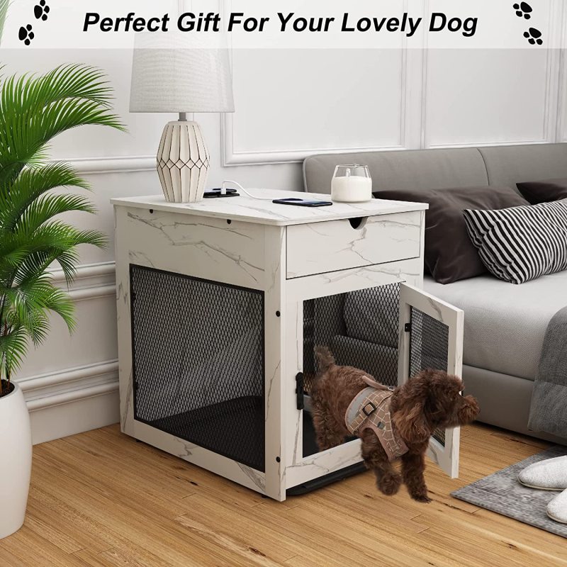 Dog Crate with Storage Drawer&Pad&Tray, Support Wired/Wireless Charging, Furniture Small Kennel Indoor