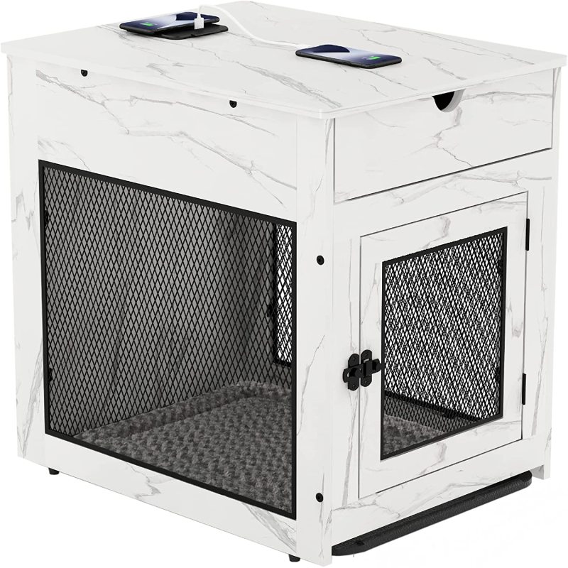 Dog Crate with Storage Drawer&Pad&Tray, Support Wired/Wireless Charging, Furniture Small Kennel Indoor
