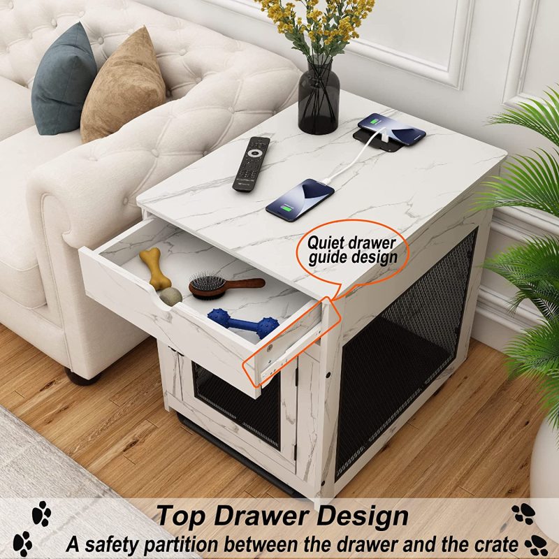 Dog Crate with Storage Drawer&Pad&Tray, Support Wired/Wireless Charging, Furniture Small Kennel Indoor