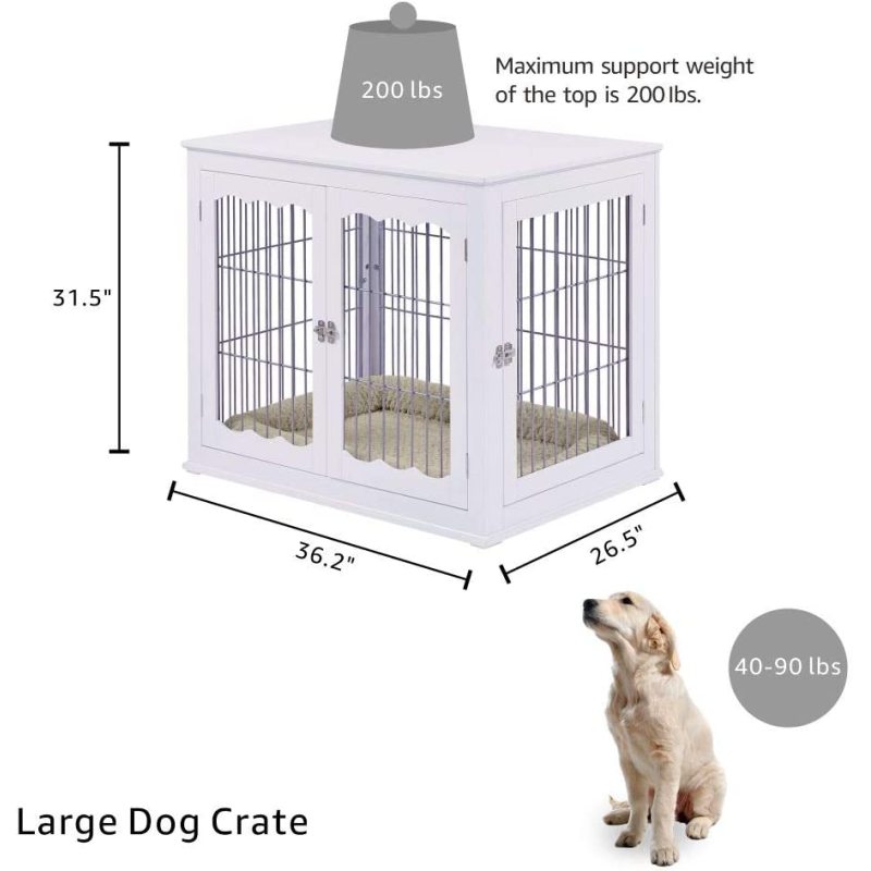Wooden Wire Pet Kennels with Double Doors Dog House Furniture Style Dog Crate End Table with Cushion