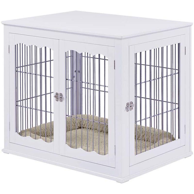 Wooden Wire Pet Kennels with Double Doors Dog House Furniture Style Dog Crate End Table with Cushion