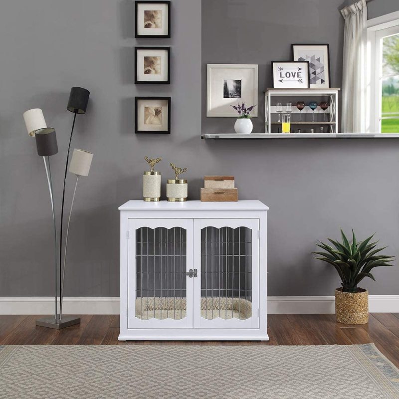 Wooden Wire Pet Kennels with Double Doors Dog House Furniture Style Dog Crate End Table with Cushion