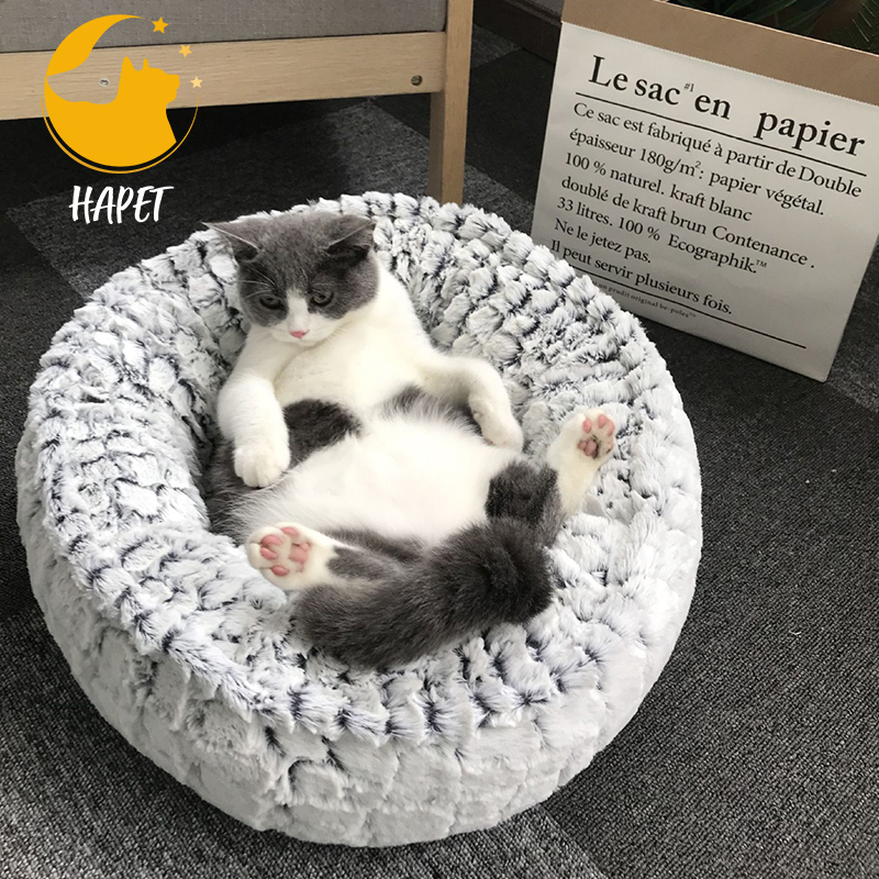 Round Cat Bed for Indoor Cats Ultra Soft Plush Machine Washable Calming Cat Bed