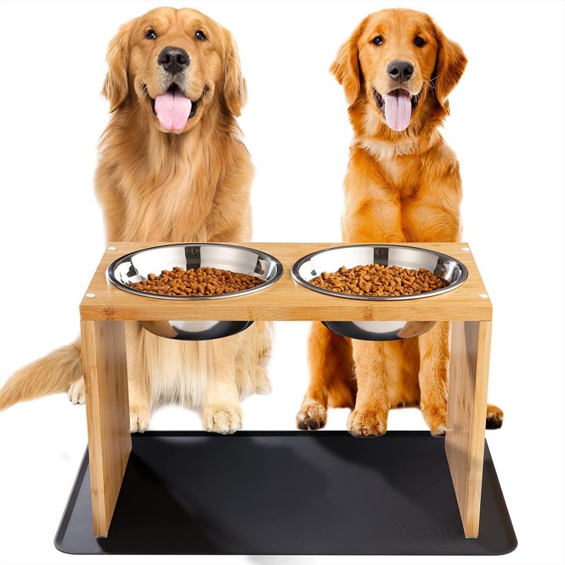 Feeding Station Bamboo Stainless Steel Raised Bowls Comes with a Nonslip Pad