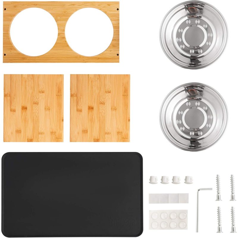 Feeding Station Bamboo Stainless Steel Raised Bowls Comes with a Nonslip Pad