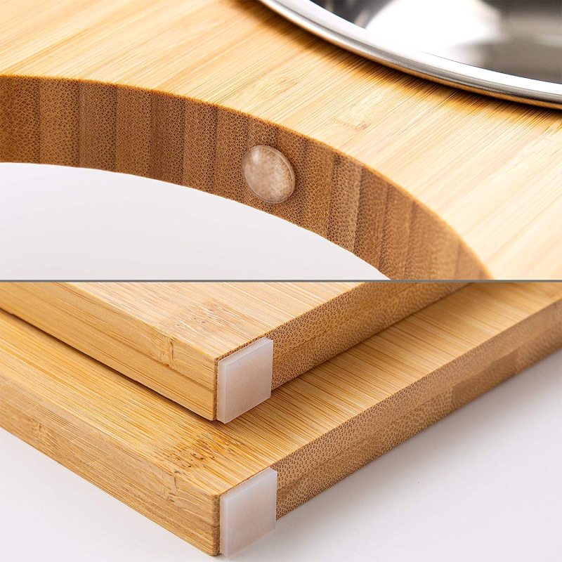 Feeding Station Bamboo Stainless Steel Raised Bowls Comes with a Nonslip Pad