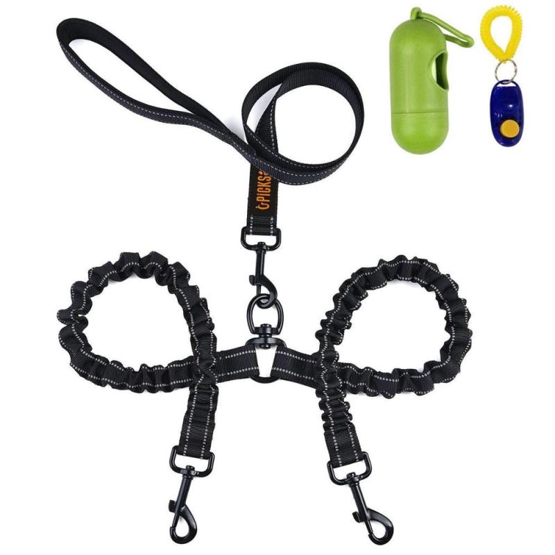 ,Double Dog Leash No Tangle  Dog Walking Training Leash, Comfortable Shock Absorbing Reflective Bungee For Two Dogs