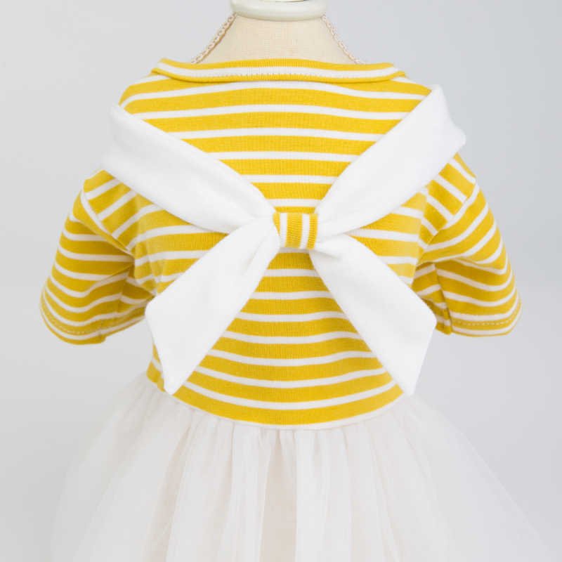 Pet Apparel Dog Clothes Dresses Vest Shirts Sundress Mustard Yellow Stripe Printed and Lace skirt