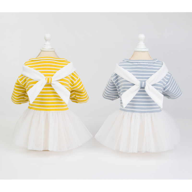 Pet Apparel Dog Clothes Dresses Vest Shirts Sundress Mustard Yellow Stripe Printed and Lace skirt