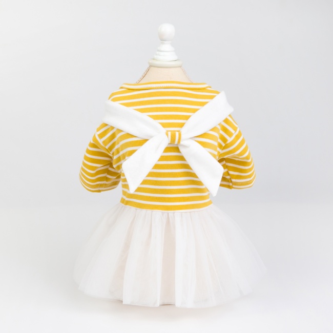 Pet Apparel Dog Clothes Dresses Vest Shirts Sundress Mustard Yellow Stripe Printed and Lace skirt