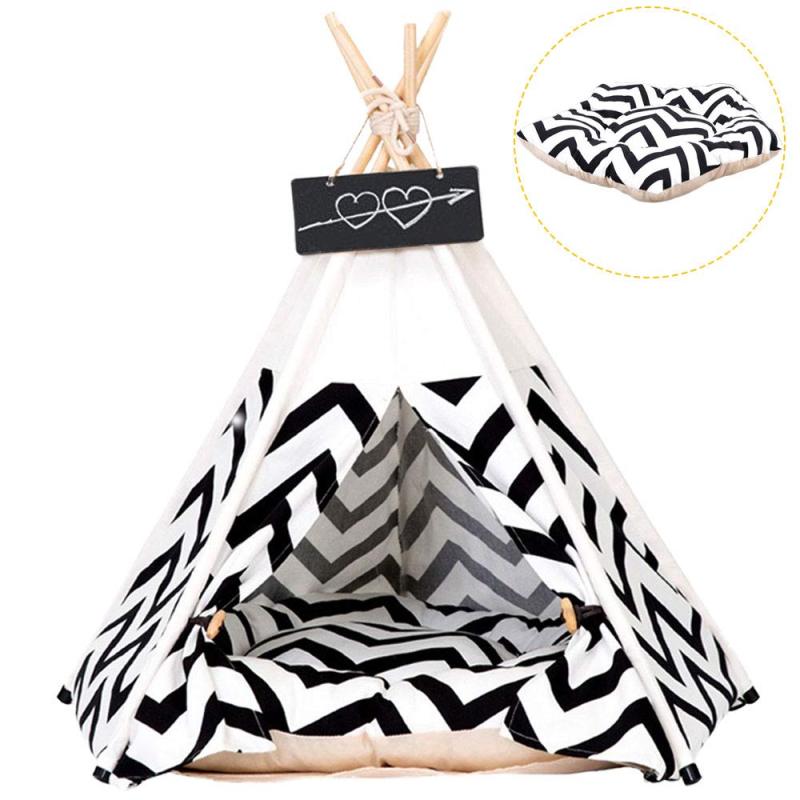 Haustierzelt für Hunde, Welpen, Katzenbett, weißes Segeltuch, süßes Hundehaus, Haustier-Tipi mit Kissen, 24 cm, für drinnen und draußen