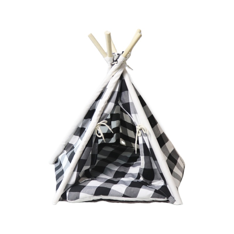 Amazon Hot Custom Design Anti Slip Bottom Pet Cat Dog Teepee 5-Sided Indian Tent Houses Wood Canvas Pet Tent Small Animals Bed