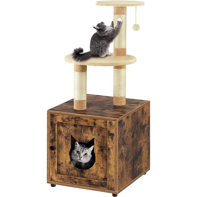 Cat Litter Box Enclosure, Wooden House with Cat Tower, Hidden Washroom Furniture Tree with Sisal-Covered Scratching
