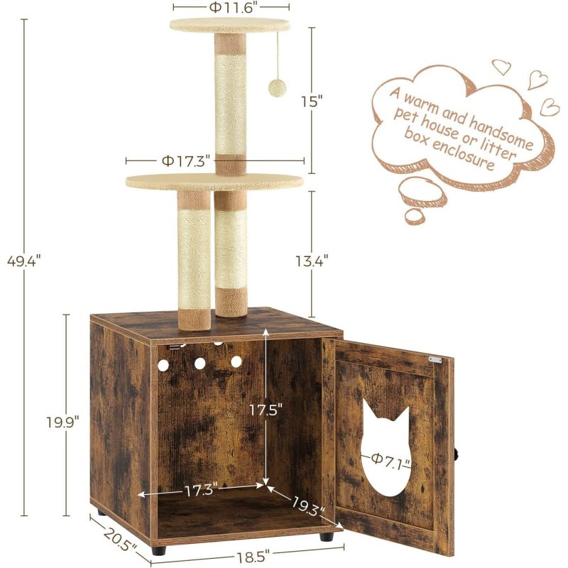 Cat Litter Box Enclosure, Wooden House with Cat Tower, Hidden Washroom Furniture Tree with Sisal-Covered Scratching