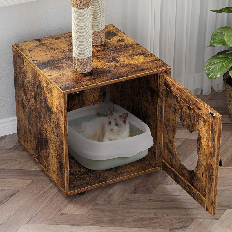Cat Litter Box Enclosure, Wooden House with Cat Tower, Hidden Washroom Furniture Tree with Sisal-Covered Scratching