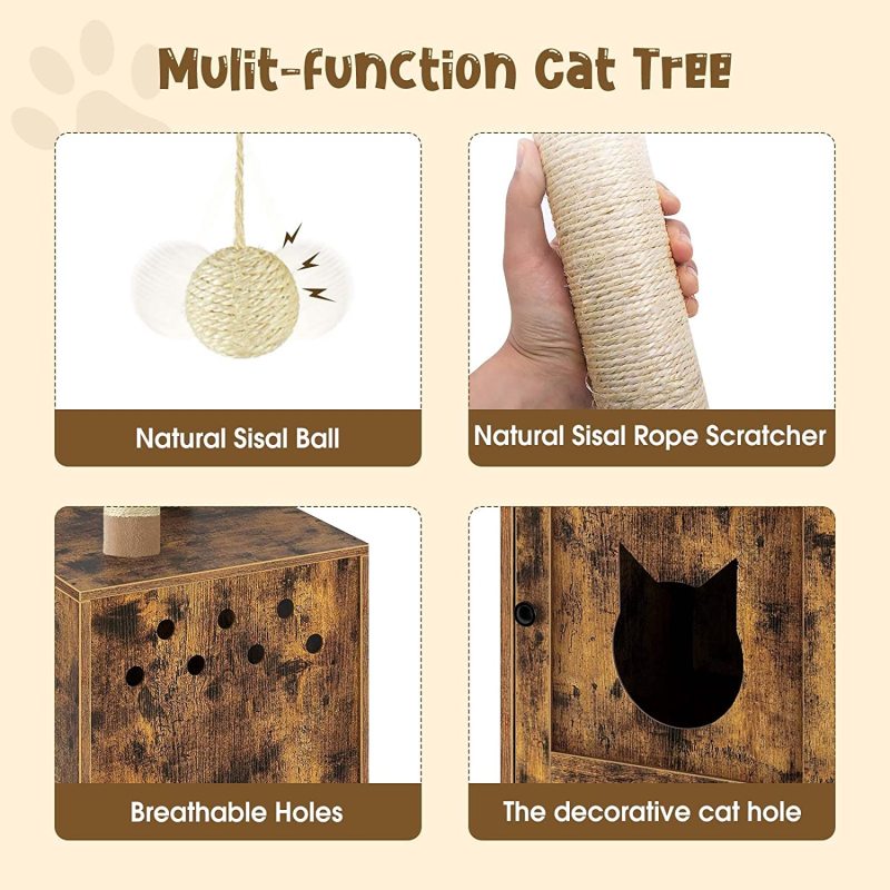 Cat Litter Box Enclosure, Wooden House with Cat Tower, Hidden Washroom Furniture Tree with Sisal-Covered Scratching