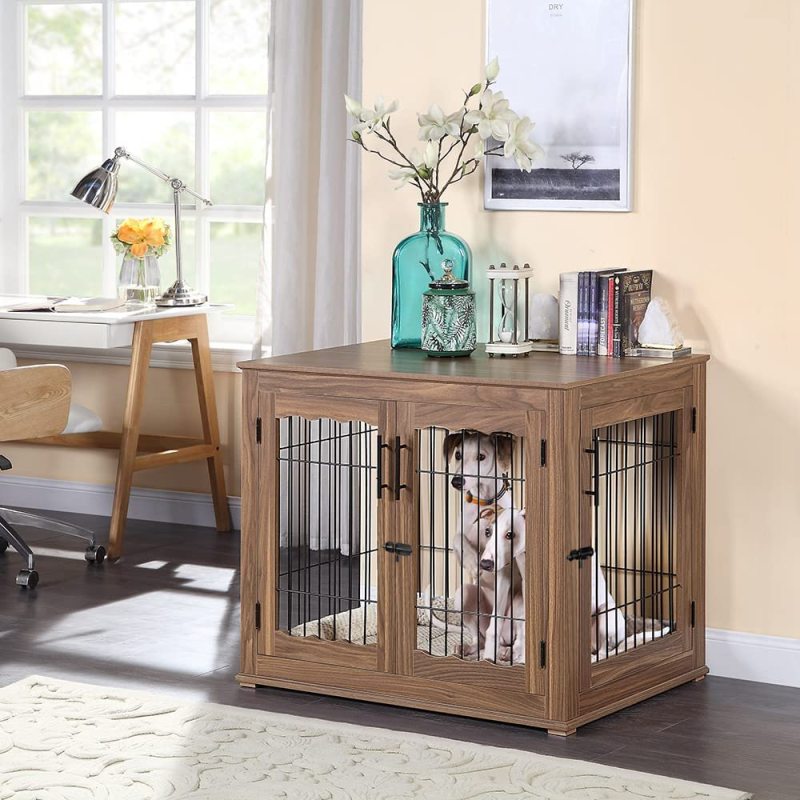 Furniture Style Dog Crate End Table Double Doors Wooden Wire Dog Kennel with Pet Bed Decorative Pet Crate Dog House Indoor Med