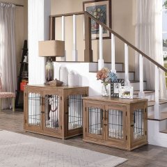 Furniture Style Dog Crate End Table Double Doors Wooden Wire Dog Kennel with Pet Bed Decorative Pet Crate Dog House Indoor Med