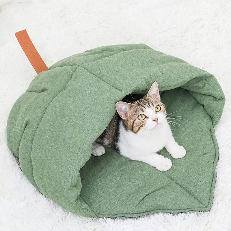 Cat Sleeping Bag , Linen Fabric Cat Bed Cave Leaf Nest Pet Cuddle Zone Covered Hide Hood Burrowing Cozy Soft Durable Washable