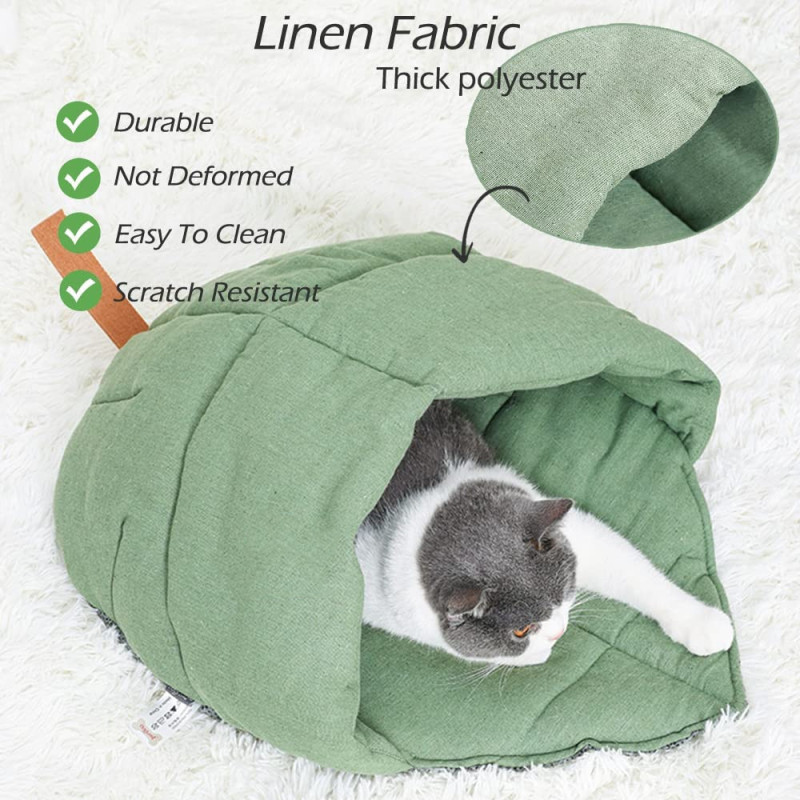 Cat Sleeping Bag , Linen Fabric Cat Bed Cave Leaf Nest Pet Cuddle Zone Covered Hide Hood Burrowing Cozy Soft Durable Washable