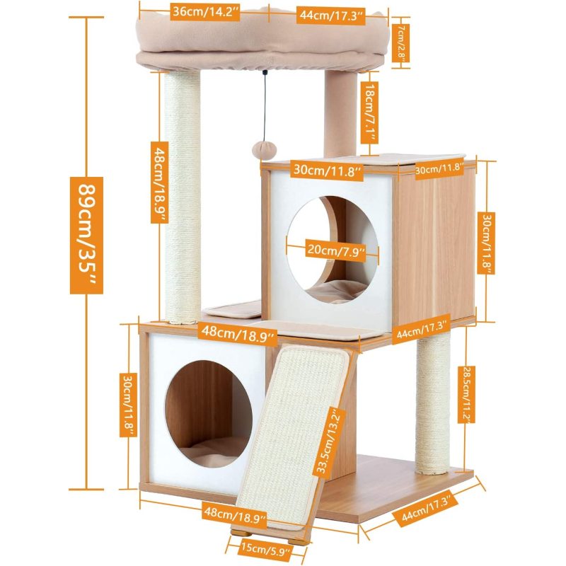 Cat Tree 35 Inches Wooden Cat Tower with Double Condos, Spacious Perch, Fully Wrapped Scratching Sisal Posts