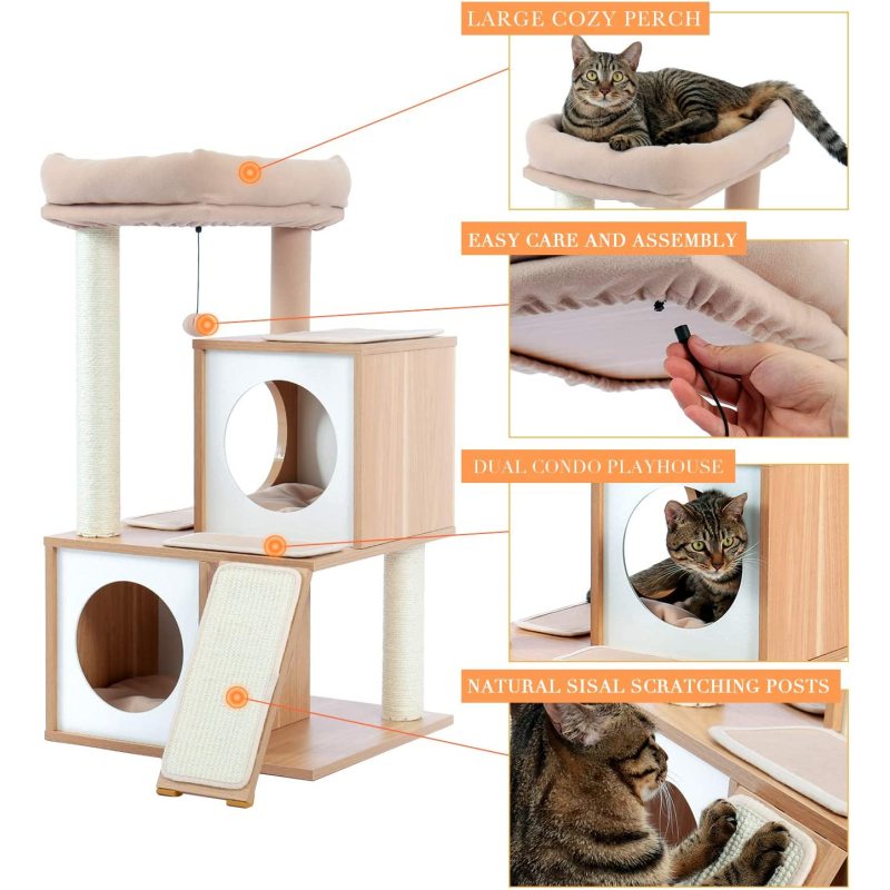 Cat Tree 35 Inches Wooden Cat Tower with Double Condos, Spacious Perch, Fully Wrapped Scratching Sisal Posts