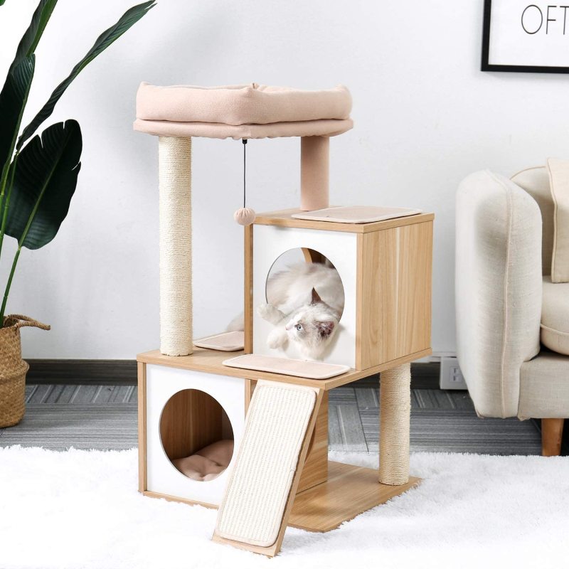 Cat Tree 35 Inches Wooden Cat Tower with Double Condos, Spacious Perch, Fully Wrapped Scratching Sisal Posts