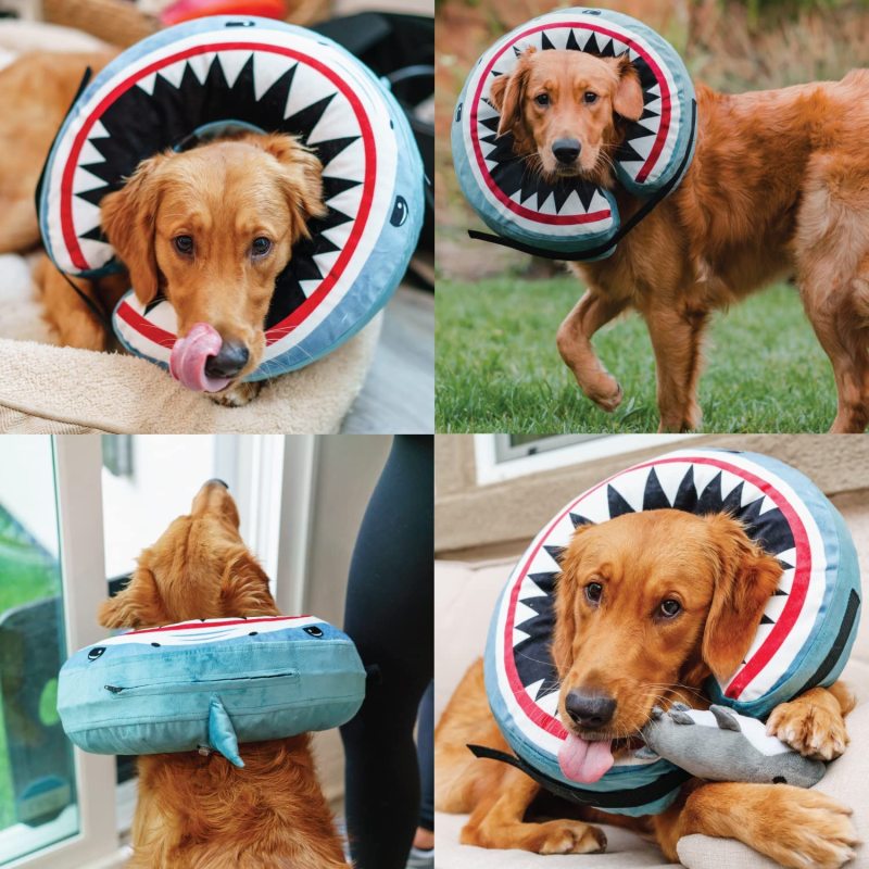 Shark Toy Inflatable Dog Cone Collar for After Surgery Care Bundled