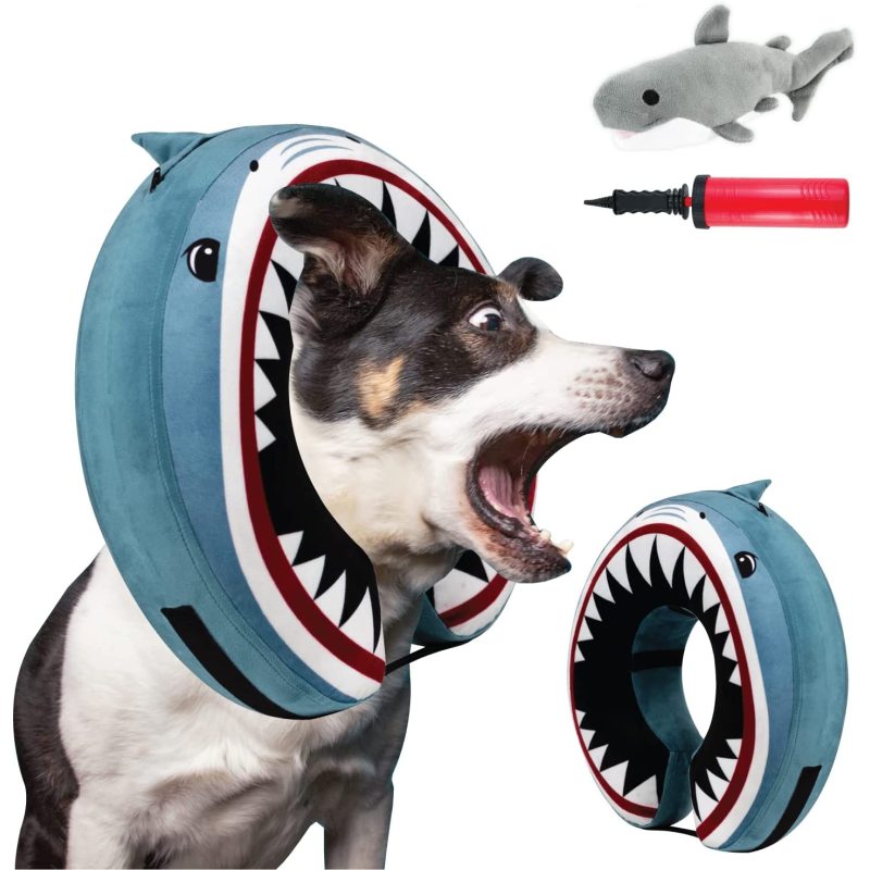 Shark Toy Inflatable Dog Cone Collar for After Surgery Care Bundled