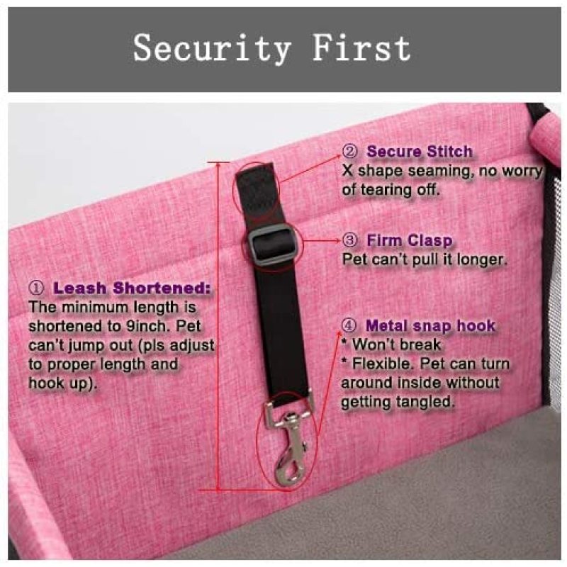 Pet Car Seat, Sturdy Reinforced Structure, Shortened Leash with Metal Snap Hook, Loops for Belt Waterproof