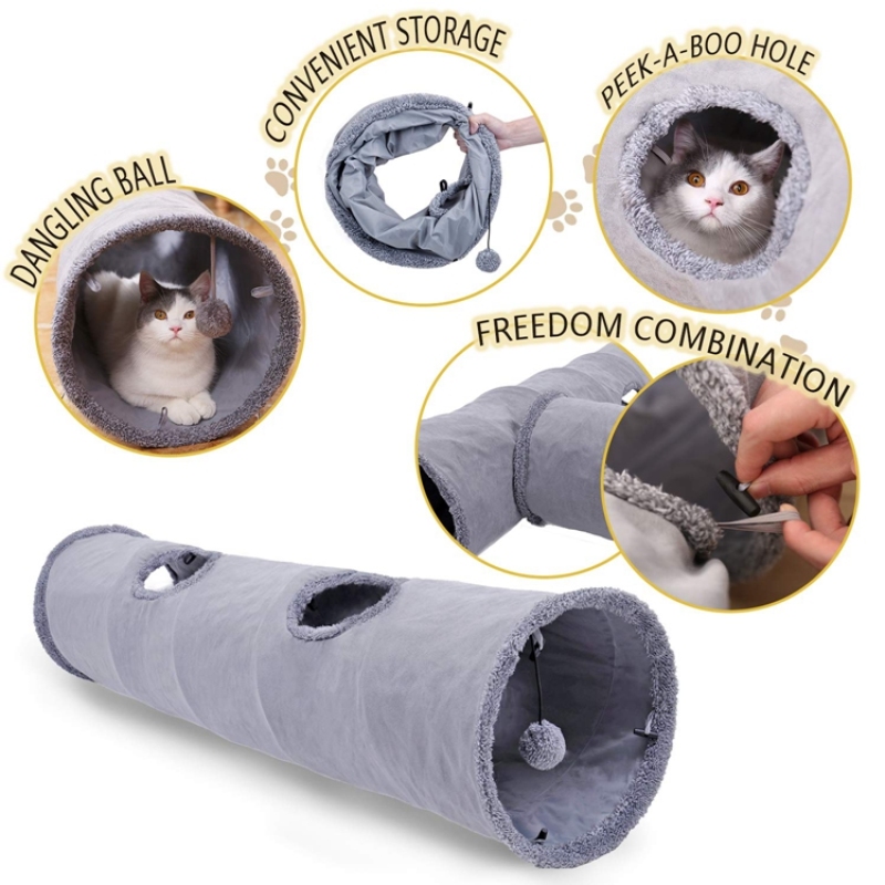 Pet Collapsible Cat Tunnel Cat Toys Play Tunnel Durable Suede Hideaway Pet Cat Crinkle Tunnel with Ball