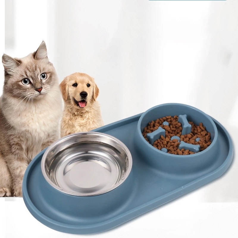 Pet Feeding Stainless Steel Bowl Silicone Slow Food Bowl Anti Choking Feeder Pet Double Bowl Silicone