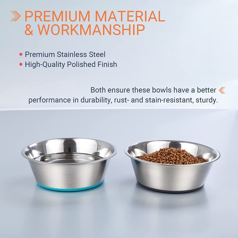 Deep Stainless Steel Anti-Slip Dog Bowls, Set of 2, Each Holds Up to 3 Cups