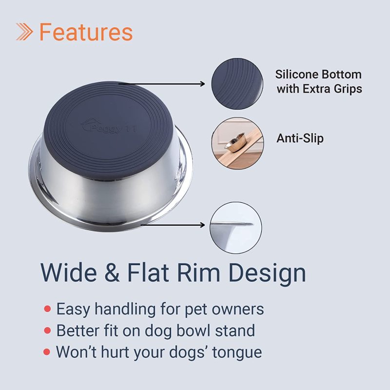 Deep Stainless Steel Anti-Slip Dog Bowls, Set of 2, Each Holds Up to 3 Cups