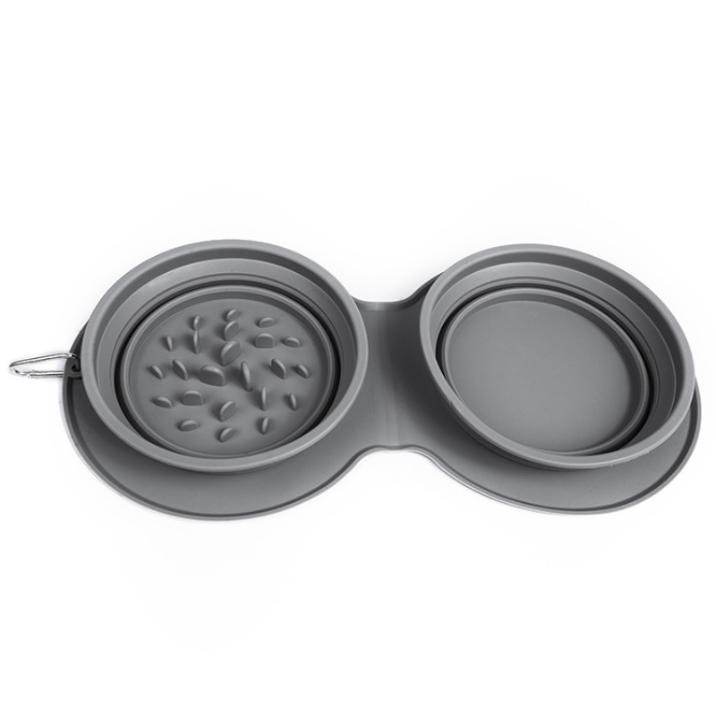 Оптовая Уличная портативная миска для собак с логотипом Складная силиконовая складная нескользящая медленная двойная миска для собак с защитой от удушья