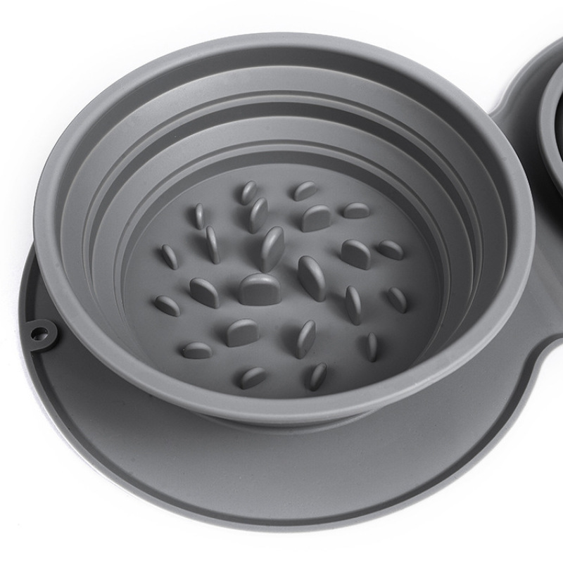 Оптовая Уличная портативная миска для собак с логотипом Складная силиконовая складная нескользящая медленная двойная миска для собак с защитой от удушья