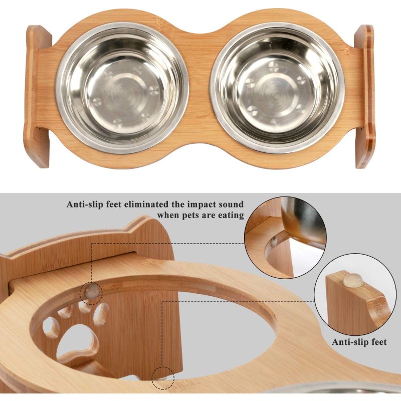 Adjustable Stainless Steel Bowls Bamboo Elevated Dog Food Bowls for Cats and Dogs