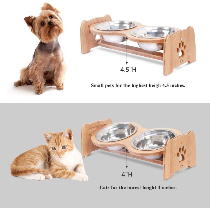 Adjustable Stainless Steel Bowls Bamboo Elevated Dog Food Bowls for Cats and Dogs