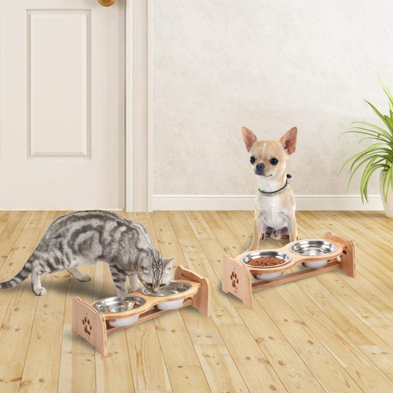 Adjustable Stainless Steel Bowls Bamboo Elevated Dog Food Bowls for Cats and Dogs