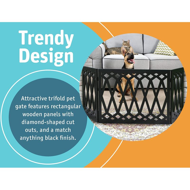Wood Pet Gate - Decorative Black Tri Fold Dog Fence for Doorways, Stairs - Indoor Outdoor Pet Barrier