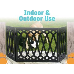 Wood Pet Gate - Decorative Black Tri Fold Dog Fence for Doorways, Stairs - Indoor Outdoor Pet Barrier