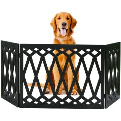 Wood Pet Gate - Decorative Black Tri Fold Dog Fence for Doorways, Stairs - Indoor Outdoor Pet Barrier