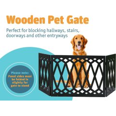 Wood Pet Gate - Decorative Black Tri Fold Dog Fence for Doorways, Stairs - Indoor Outdoor Pet Barrier