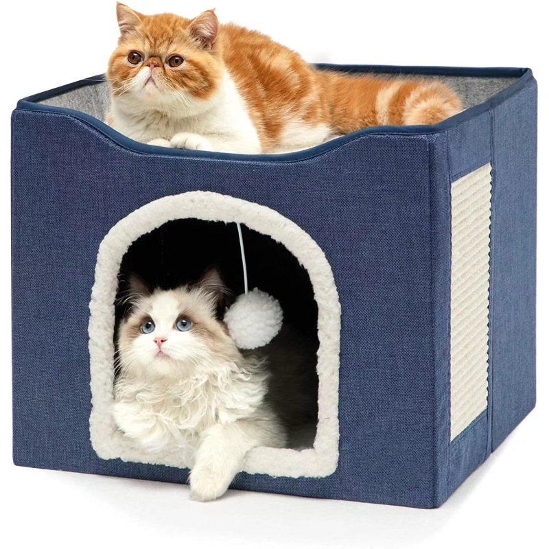 Cat Bed with Fluffy Ball Hanging and Scratch Pad