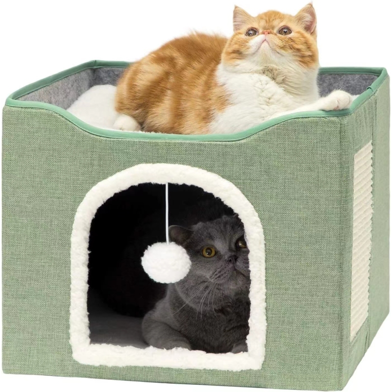 Cat Bed with Fluffy Ball Hanging and Scratch Pad